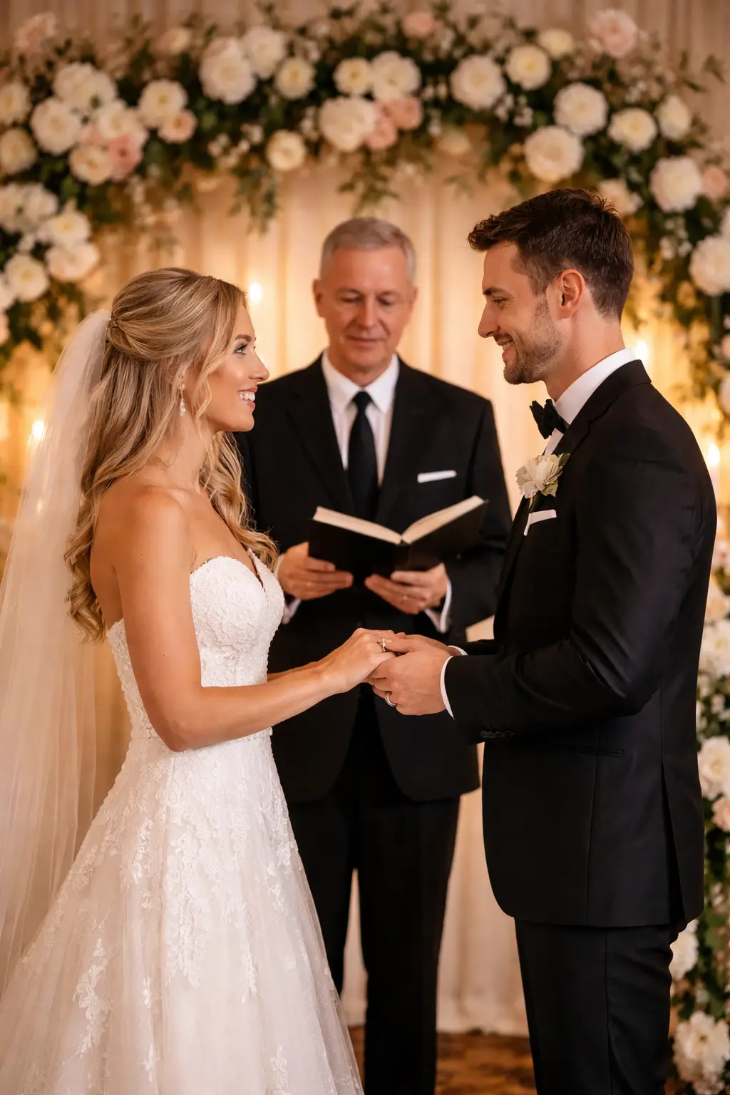 Couple exchanging vows at wedding ceremony.